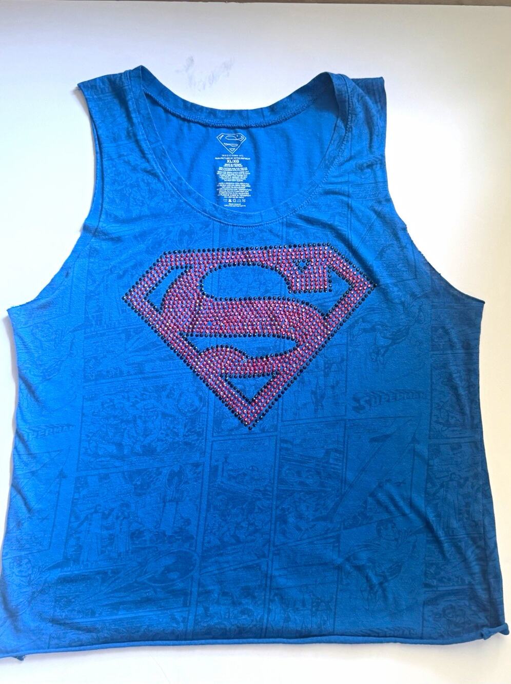 DC Comics Superman Women’s XL Blue Rhinestone Studded Sleeveless Graphic Tank